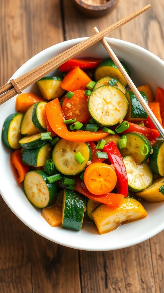 A colorful zucchini stir fry with zucchini, bell peppers, and carrots in a bowl, garnished with green onions, on a wooden table.